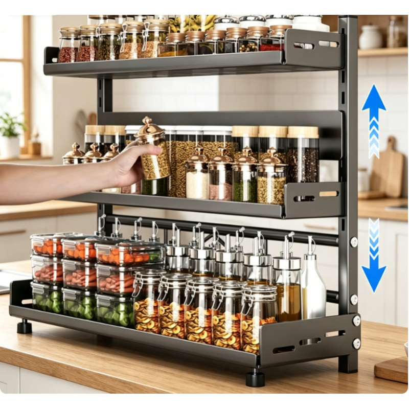 Kitchen Gadgets Rack - 3-laags kruidenrek voor aanrecht, verstelbare kruidenorganisatie